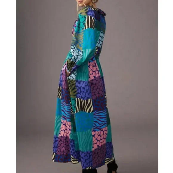 Anthropologie Geisha Designs M NWT Patchwork Maxi Dress Animal Print Long Sleeve - Picture 3 of 8